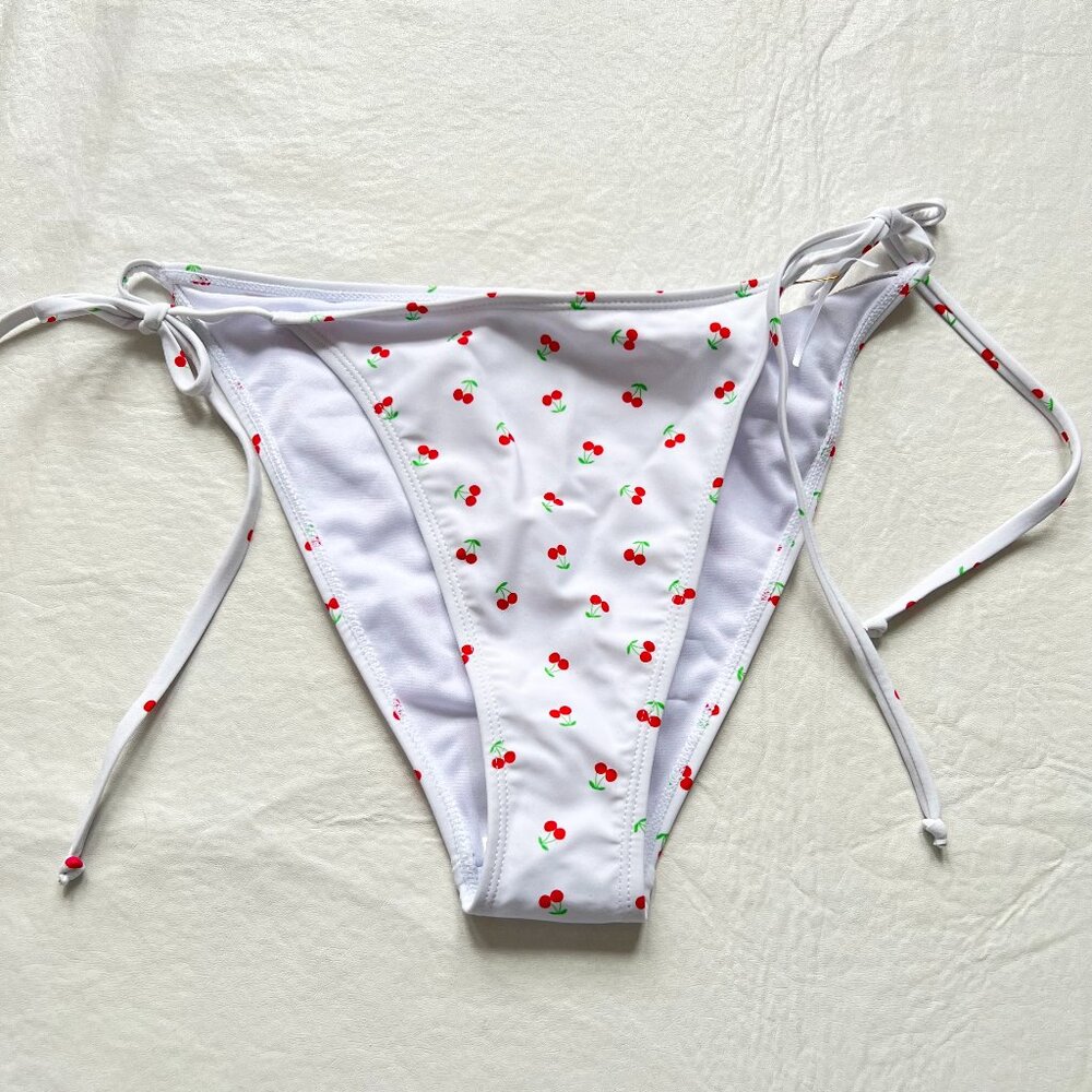 Betty Jade bikini bottoms XL cherry print white red side tie fruit swim cherries